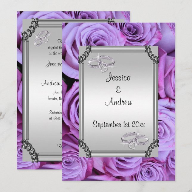 Convite Rosas Lilac e Anéis de Casamento Diamond (Frente/Verso)