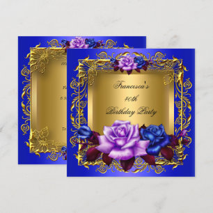 Convite Rosas Lilás Azul Regal Ouro Elegante Aniversário A