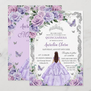 Convite Rosas Lilás Roxas Borboleta Princesa Quinceanera