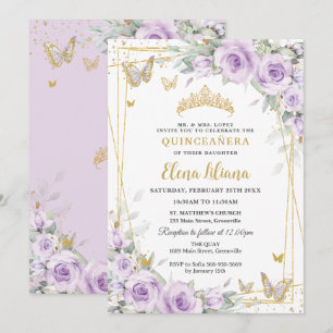 Convite Rosas Lilás Roxas Suaves Floral Dourado Quinceañer