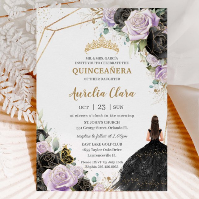 Convite Rosas Lilases Negros Quinceañera Floral Doce Dezes (Criador carregado)