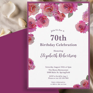 Convite Rosas Magenta Elegantes Aniversário de 70 anos par