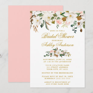 Convite Rosas Magnolias Chás de panela Elegante Rosa Dour