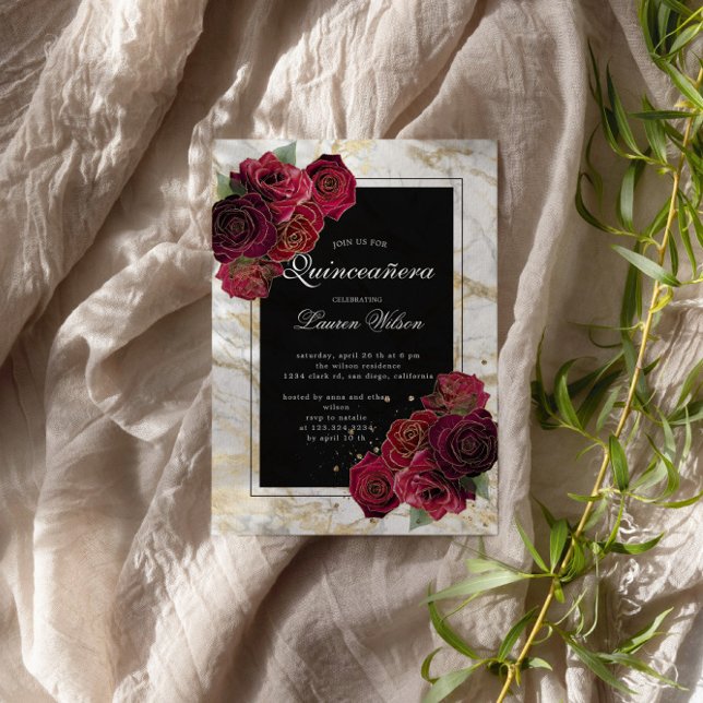 Convite Rosas Marble Dourados Quinceanera Floral (Criador carregado)
