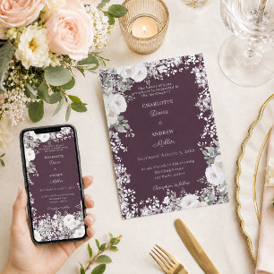 Convite Rosas marfim branco ameixa neve casamento de inver