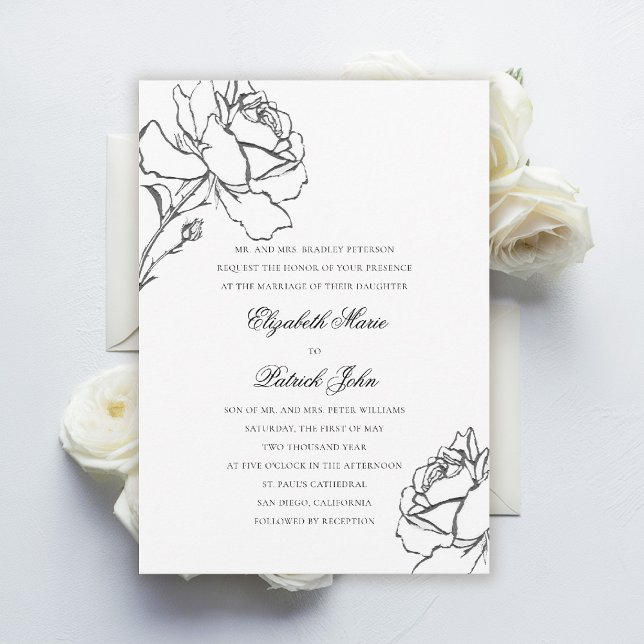 Convite Rosas Moderno Clássico Formal Pais Hospedam Casame (black and white wedding invitation roses floral formal traditional modern classic parents host)