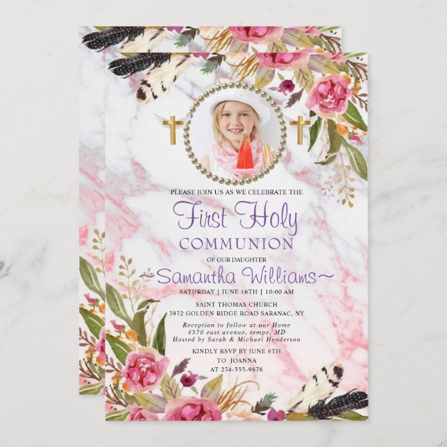 Convite Rosas Modernos Elegantes Blush Foto Primeira Comun (Frente/Verso)