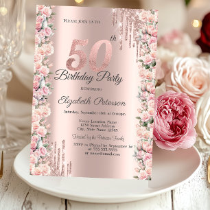Convite Rosas Moldura Pingos Dourado Rosa Aniversário de 5