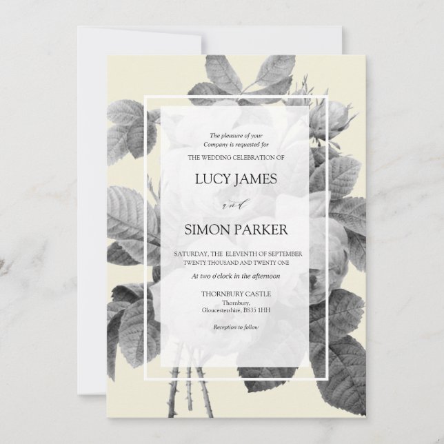 Convite Rosas monocromáticos Elegante francês Vintage (Frente)