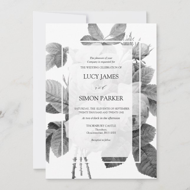 Convite Rosas monocromáticos Elegante francês Vintage (Frente)