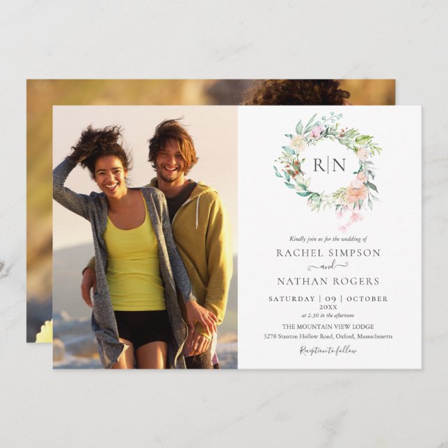 Convite Rosas Monogramas Greenery Floral 2 Foto Casamento (Frente/Verso)