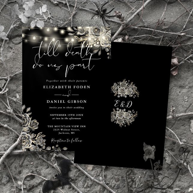 Convite Rosas Negras E Brancas Luzes Florais Casamento Gót (Black And White Roses Floral Lights Gothic Wedding Invitation)