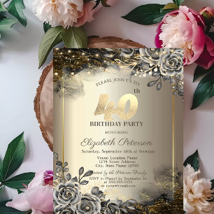 Convite Rosas Negras Elegantes, Luzes de Corda Aniversário