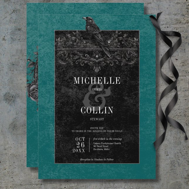 Convite Rosas Negras Gótica Casamento Teal (Gothic Black Raven & Black Roses Teal Wedding Invitation)