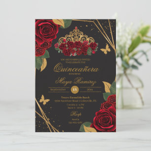 Convite Rosas Negras Vermelhas Tiara Dourada Glitter Quinc