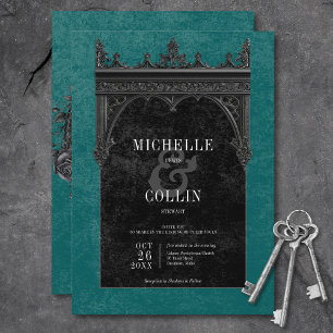 Convite Rosas Negros de Arco Duplo Gótico Casamento Teal