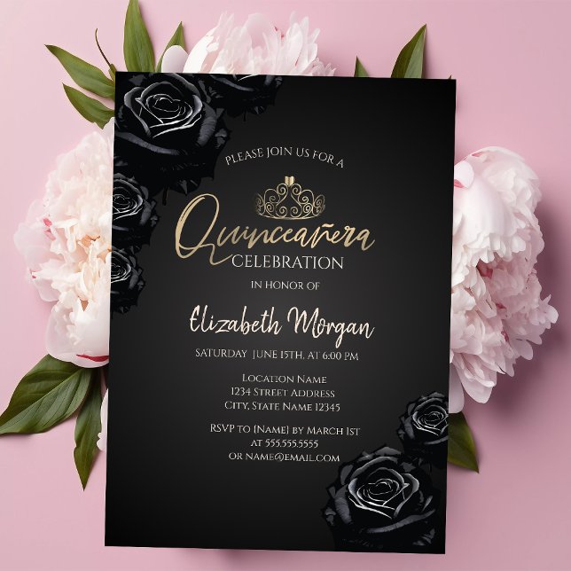 Convite Rosas Negros Dourados Tiara Black Quinceañera (Criador carregado)