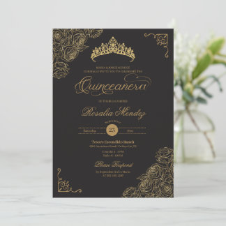 Convite Rosas Negros e Dourados, Quinceañera Elegante