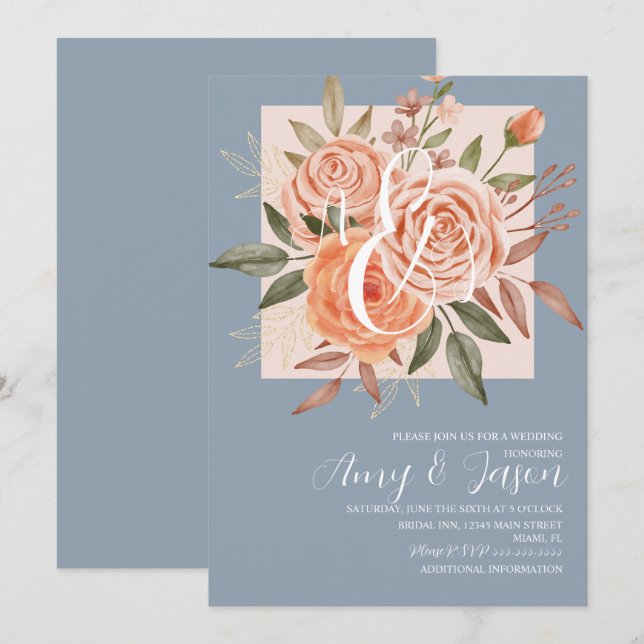 Convite Rosas Peachy Florais em Aquarela Azul Desbotado Ca (Frente/Verso)