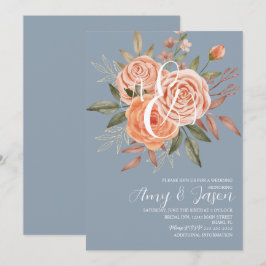 Convite Rosas Peachy Florais em Aquarela Casamento Azul D