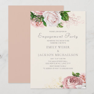 Convite Rosas Pink Elegantes Florais Creme Festa de Noivad