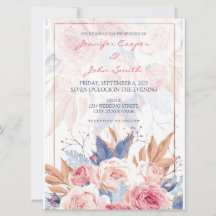 Rosas Pink em Aquarela & Flores Azuis Casamento Ch