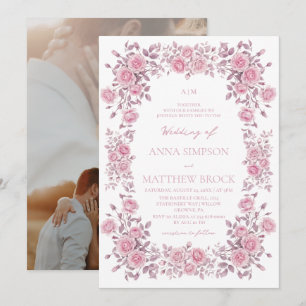 Convite Rosas Pink empoeiradas Elegante Casamento Floral 