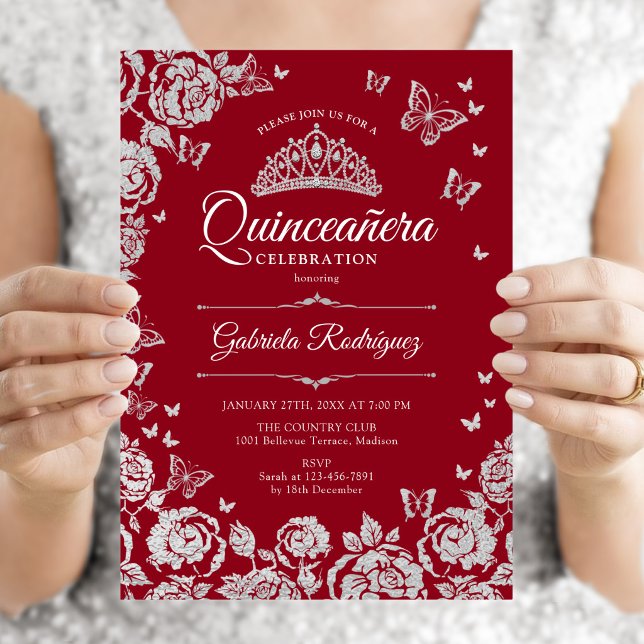 Convite Rosas Prateadas Borboletas Quinceanera (Criador carregado)