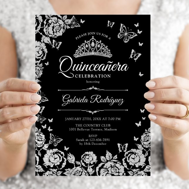 Convite Rosas Prateadas Borboletas Quinceanera Pretas (Criador carregado)