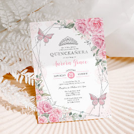 Convite Rosas Prateadas Rosa Borboleta Quinceañera Anivers
