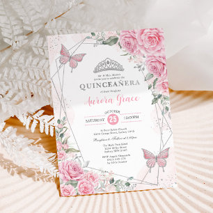 Convite Rosas Prateadas Rosa Borboleta Quinceañera Anivers