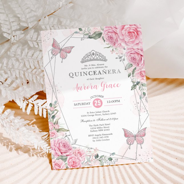 Convite Rosas Prateadas Rosa Borboleta Quinceañera Anivers (Criador carregado)