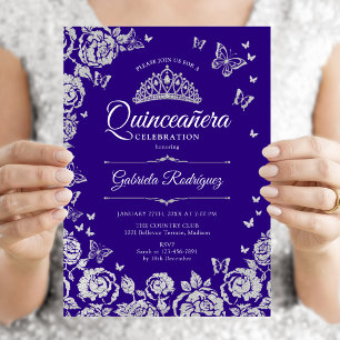 Convite Rosas Prateadas Roxas Borboletas Quinceanera