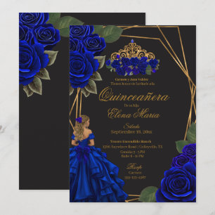 Convite Rosas Pretas Azuis Ouro Princesa Quinceañera