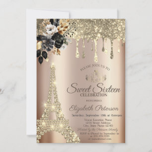 Convite Rosas Pretas Chic Torre Eiffel Dourado Gotejante D