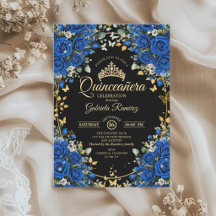 Rosas Pretas e Azuis Reais Quinceañera Dourada