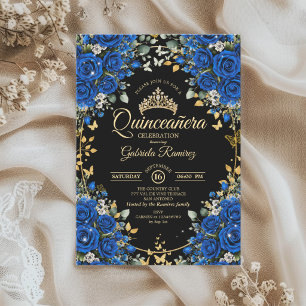 Convite Rosas Pretas e Azuis Reais Quinceañera Dourada