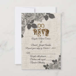 Convite Rosas pretas e brancas em RSVP de casamento em lin