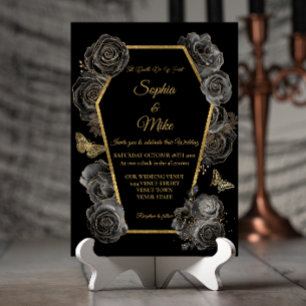 Convite Rosas Pretas e Douradas Caixão Elegante Casamento