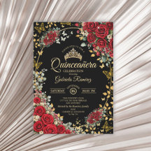 Rosas Pretas e Vermelhas Borboletas Douradas Quinc