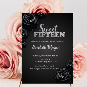 Convite Rosas Pretas Elegantes Gótico Aniversário de 15 an