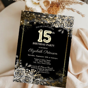 Convite Rosas Pretas Elegantes, Luzes Aniversário de 15 An