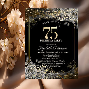 Convite Rosas Pretas Elegantes, Luzes Aniversário de 75 An