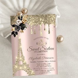 Convite Rosas Pretas Torre Eiffel Dourado Gotejante Doce 1