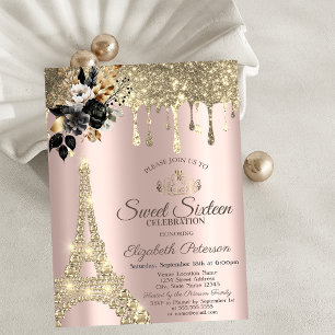 Convite Rosas Pretas Torre Eiffel Dourado Gotejante Doce 1