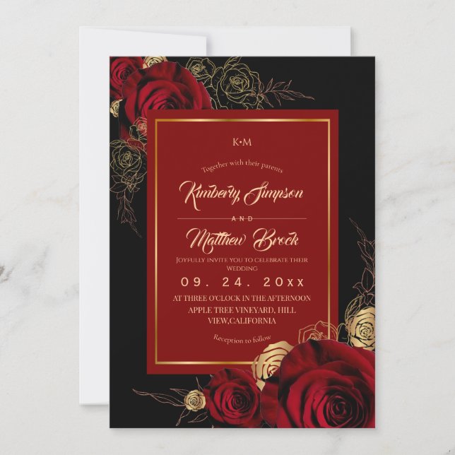 Convite Rosas Preto Borgonha Casamento Boho (Frente)