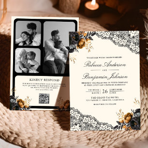Convite Rosas Preto Dourado Renda Creme Código QR Casament