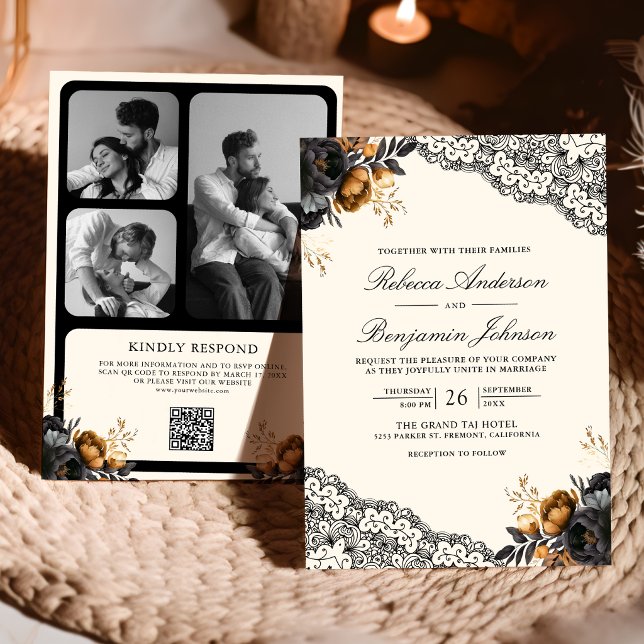 Convite Rosas Preto Dourado Renda Creme Código QR Casament (Criador carregado)