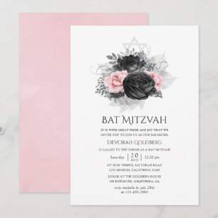 Convite Rosas preto rosa e prata, Bat Mitzvah