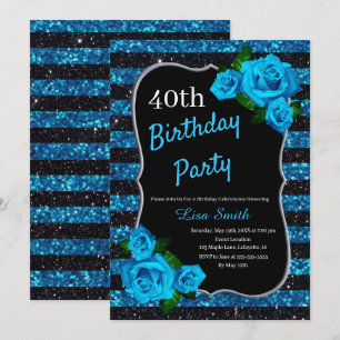 Convite Rosas pretos do azul do brilho das listras azuis